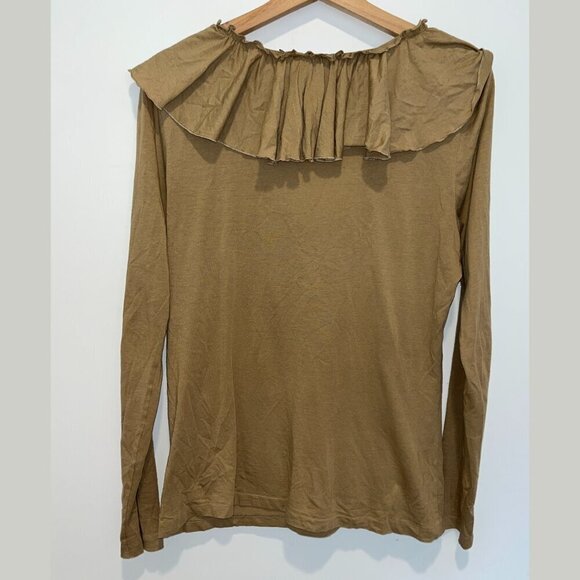 Ralph Lauren Sport Brown Pima Cotton Blend Ruffle Neck Blouse Women’s Size L - Picture 2 of 5